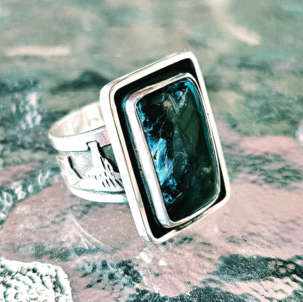 Heavy Sterling Silver Landscape Ring w/ Pietersite. sz. 9