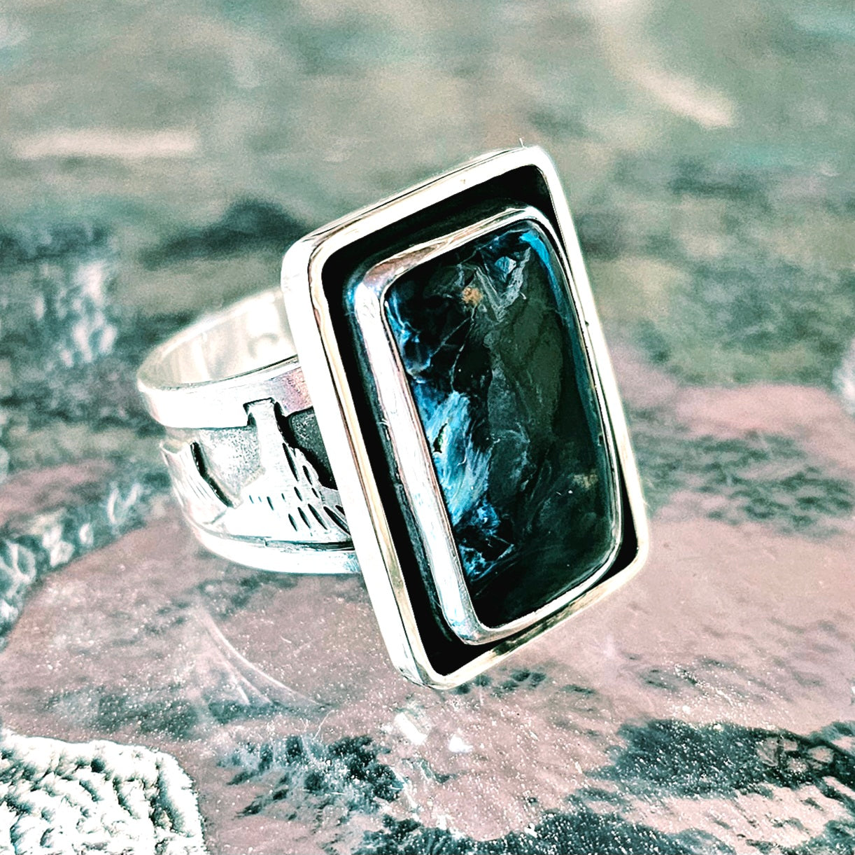 Heavy Sterling Silver Landscape Ring w/ Pietersite. sz. 9