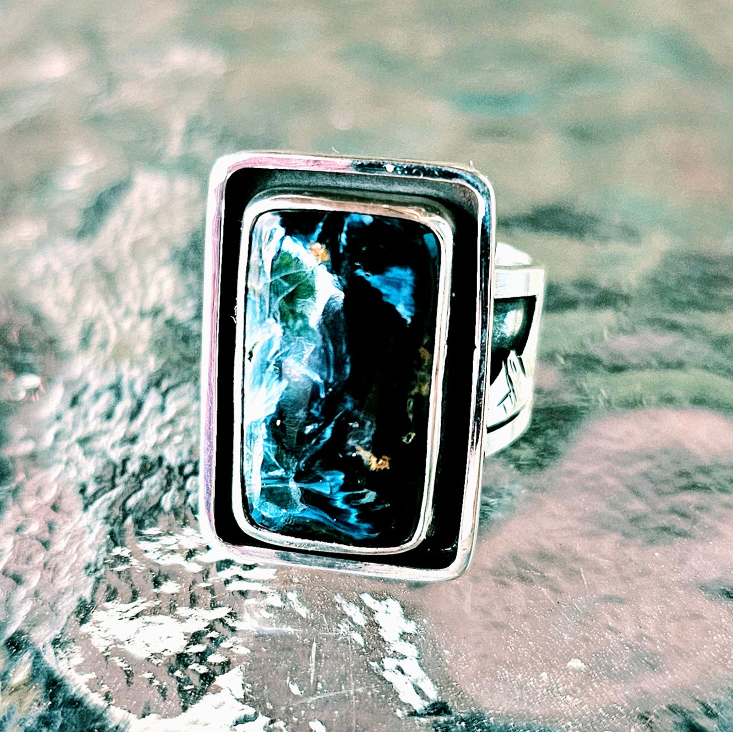 Heavy Sterling Silver Landscape Ring w/ Pietersite. sz. 9