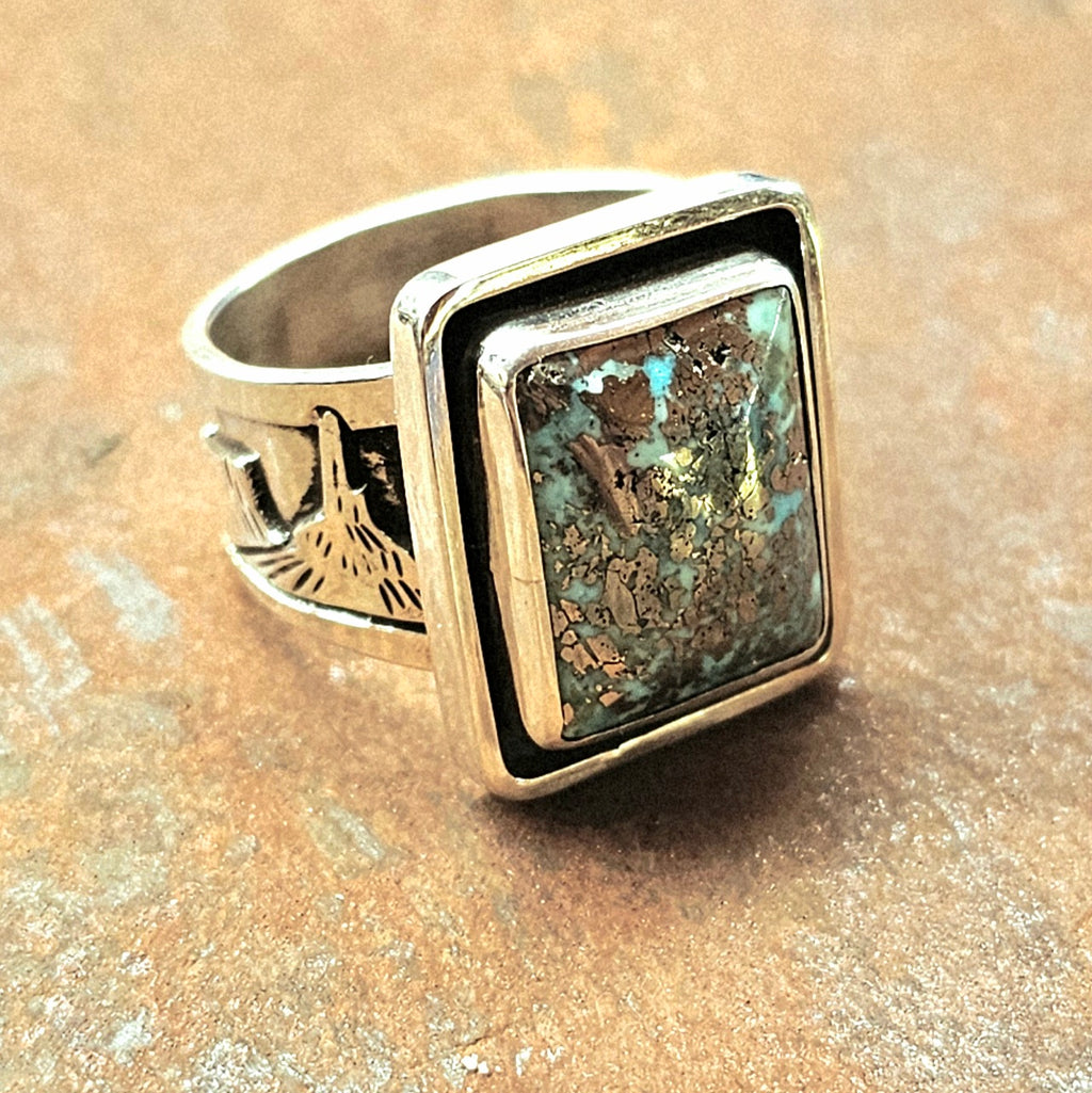 Heavy Sterling Silver Landscape Ring w/ Turquoise. sz. 9.5