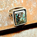 Heavy Sterling Silver Landscape Ring w/ Turquoise. sz. 9.5