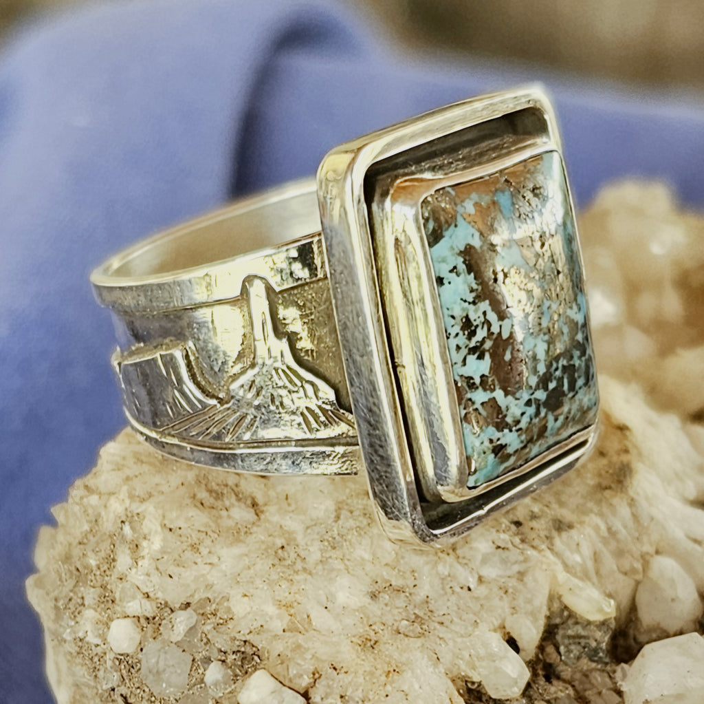 Heavy Sterling Silver Landscape Ring w/ Turquoise. sz. 9.5