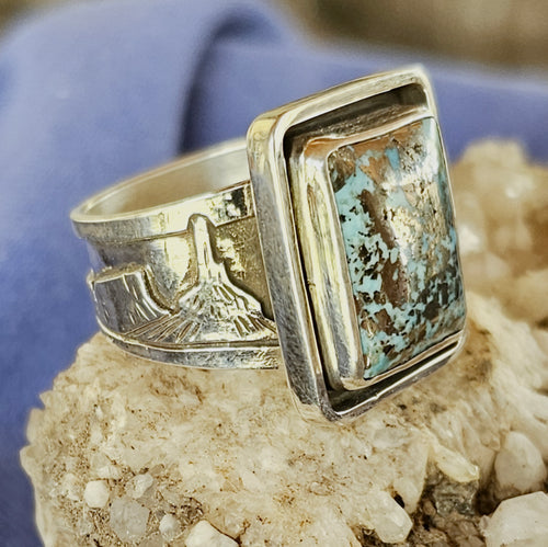 Heavy Sterling Silver Landscape Ring w/ Turquoise. sz. 9.5