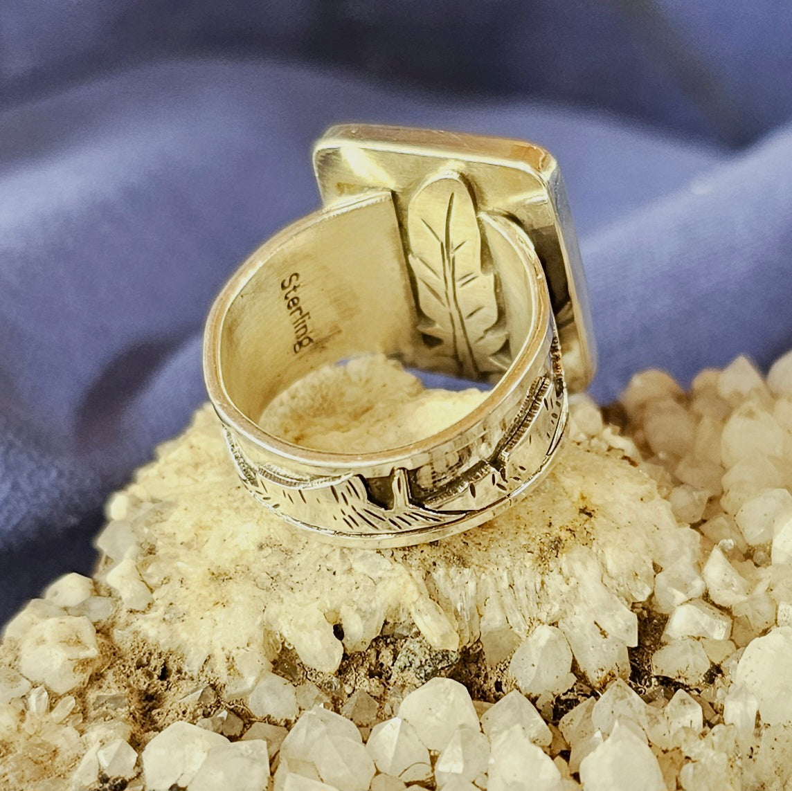 Heavy Sterling Silver Landscape Ring w/ Turquoise. sz. 9.5