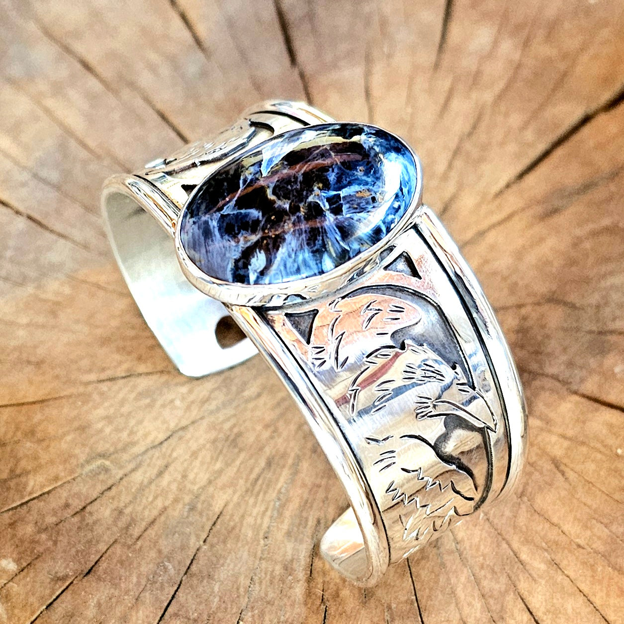Sterling Silver Raven bracelet w/ Pietersite