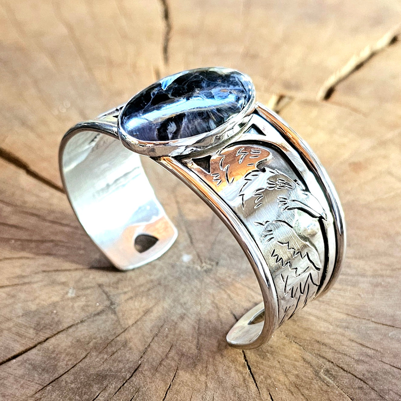 Sterling Silver Raven bracelet w/ Pietersite