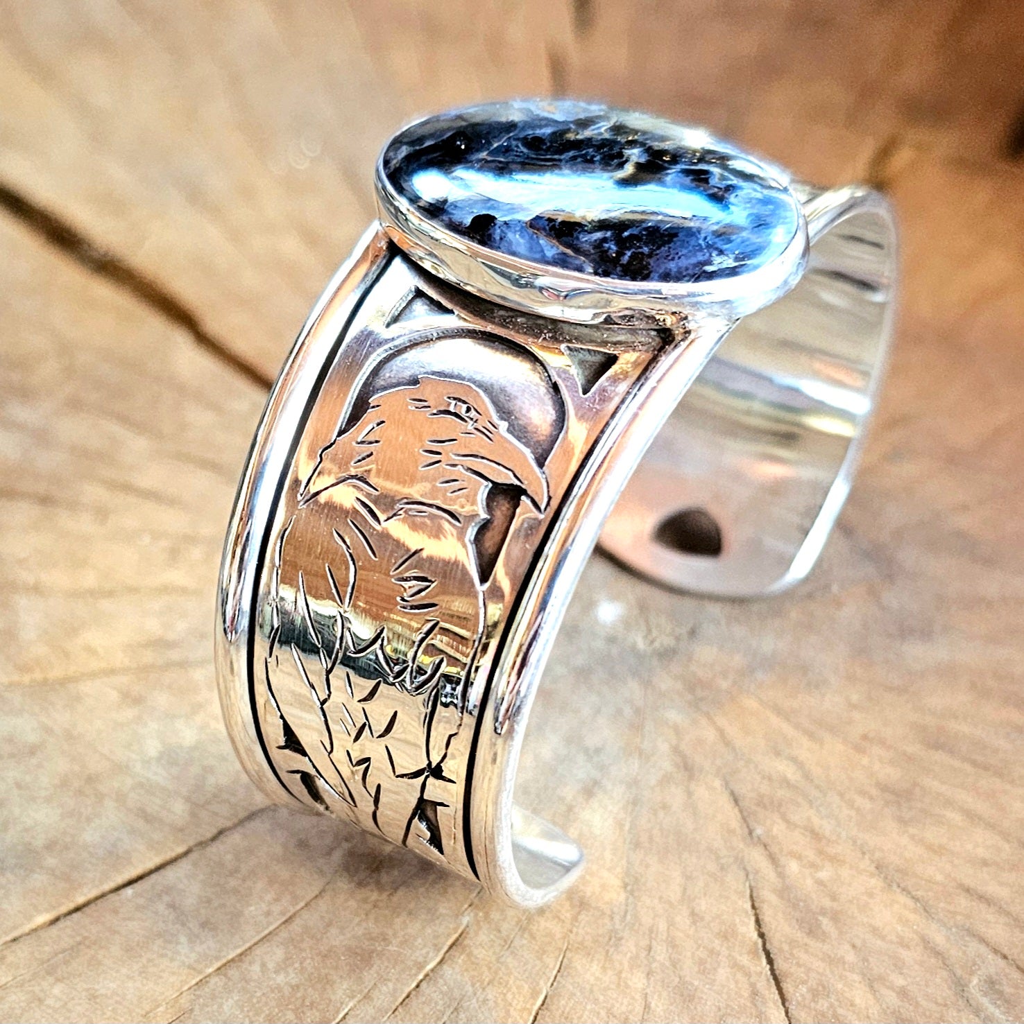 Sterling Silver Raven bracelet w/ Pietersite